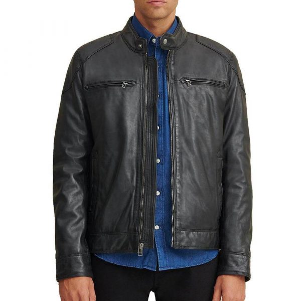 Black Leather Jacket with Shoulder Patches - Jacket Empire