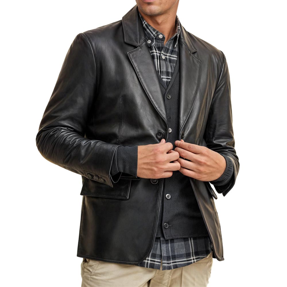 Two Buttons Genuine Black Leather Blazer