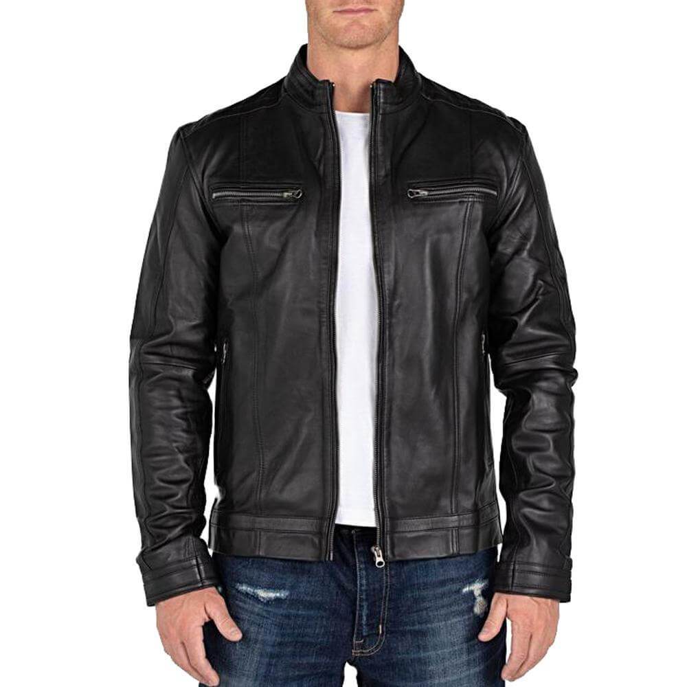 Maroon Biker Leather Jacket with Stripes - Jacket Empire