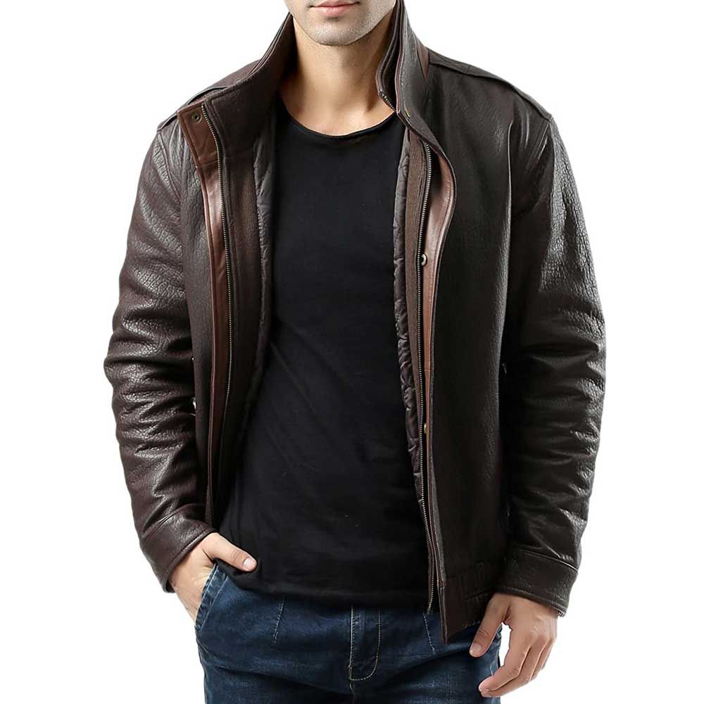 Celebrity Style Pure Brown Leather Bomber Jacket for Men