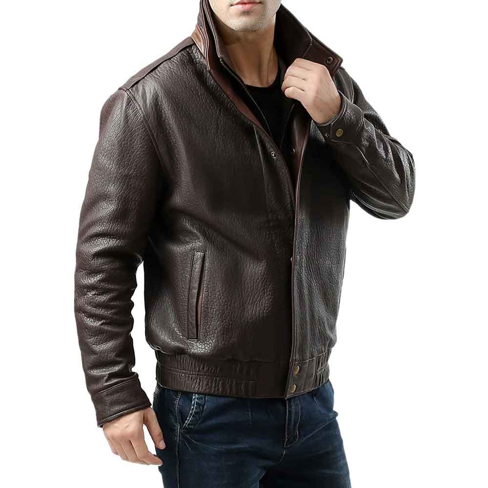 Brown Double Collar Leather Jacket - Leather Bomber Jacket for Mens