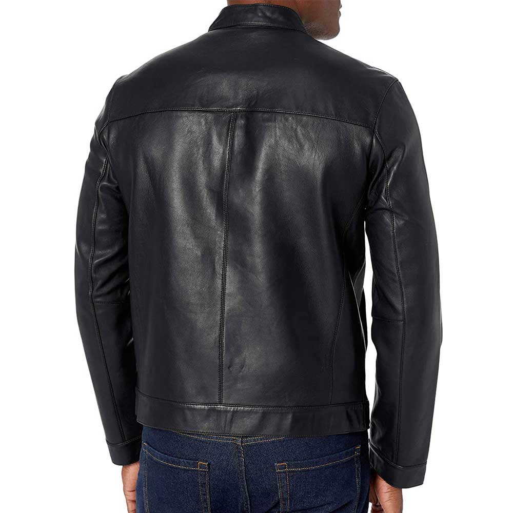 Black Leather Biker Jacket for Men - Snap Tab Collar and Zipper Closure
