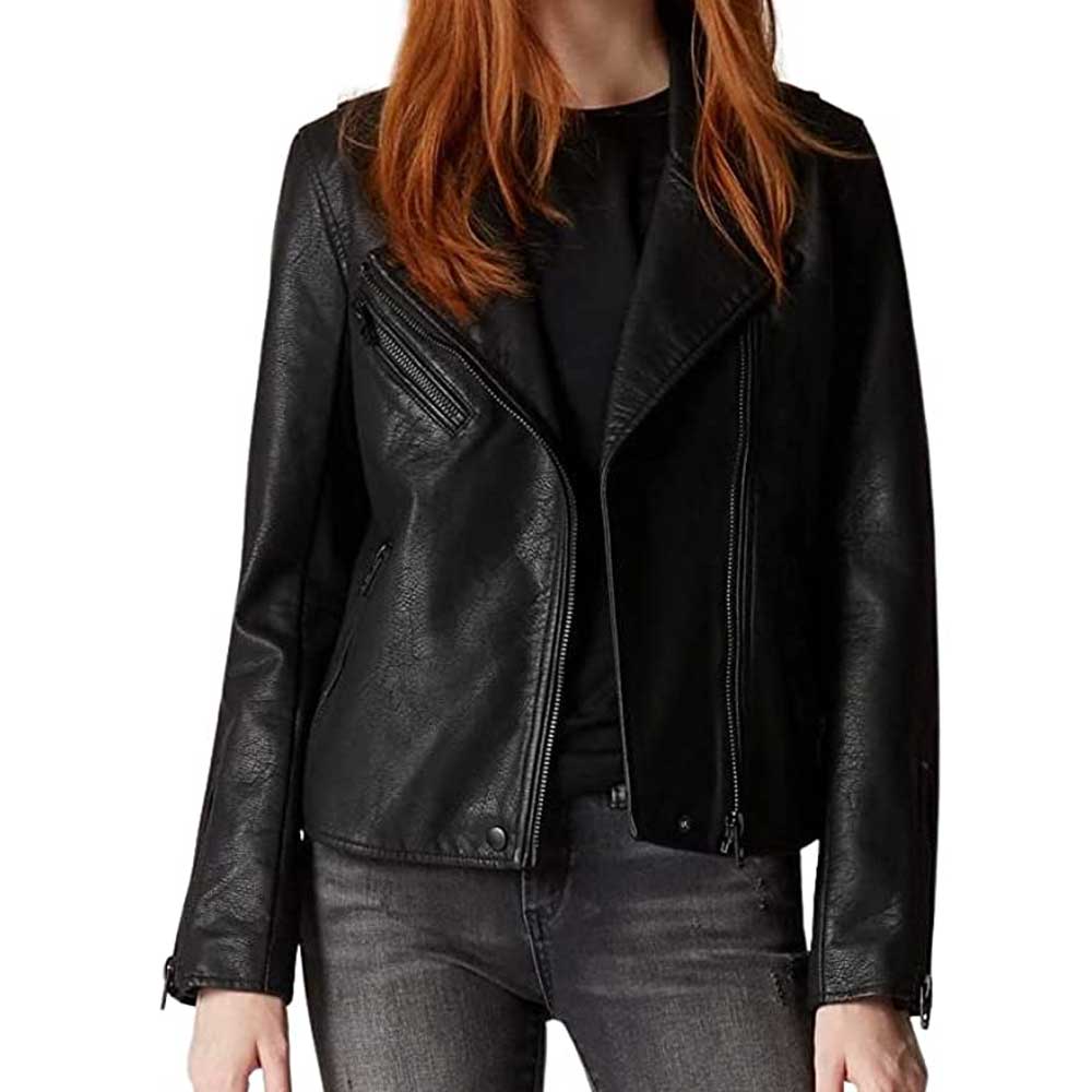 Stylish woman wearing a black genuine leather moto jacket