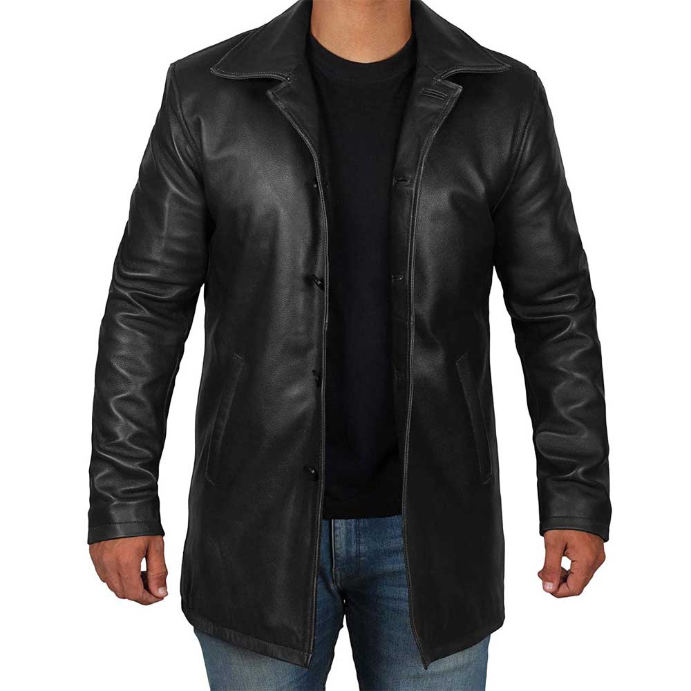 Men's Black Leather Trench Coat