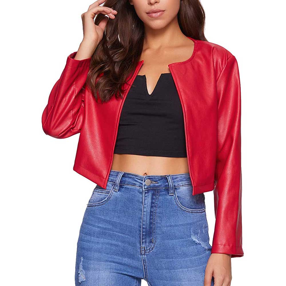 Red Cropped Leather Jacket Womens