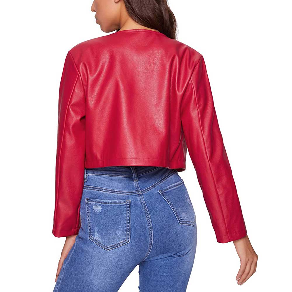 Red Cropped Leather Jacket Womens