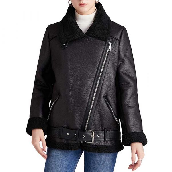 Shearling Black Leather Jacket With Fur Collar Women