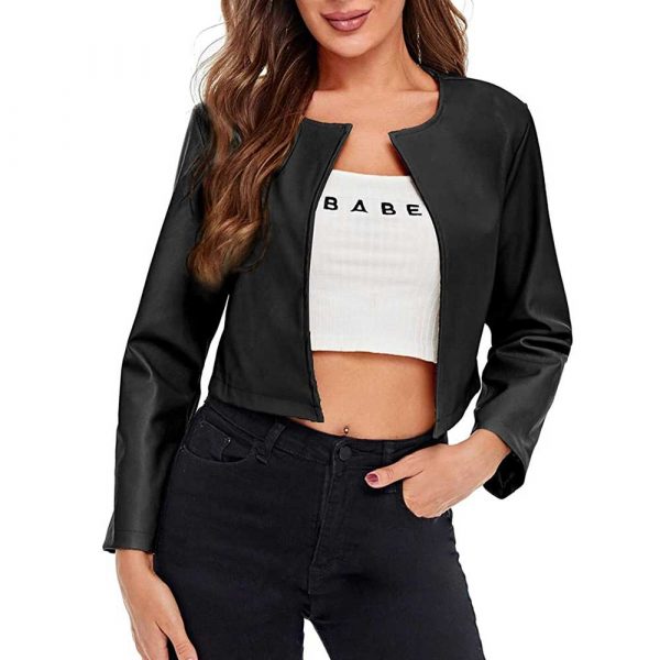 Black cropped leather jacket womens