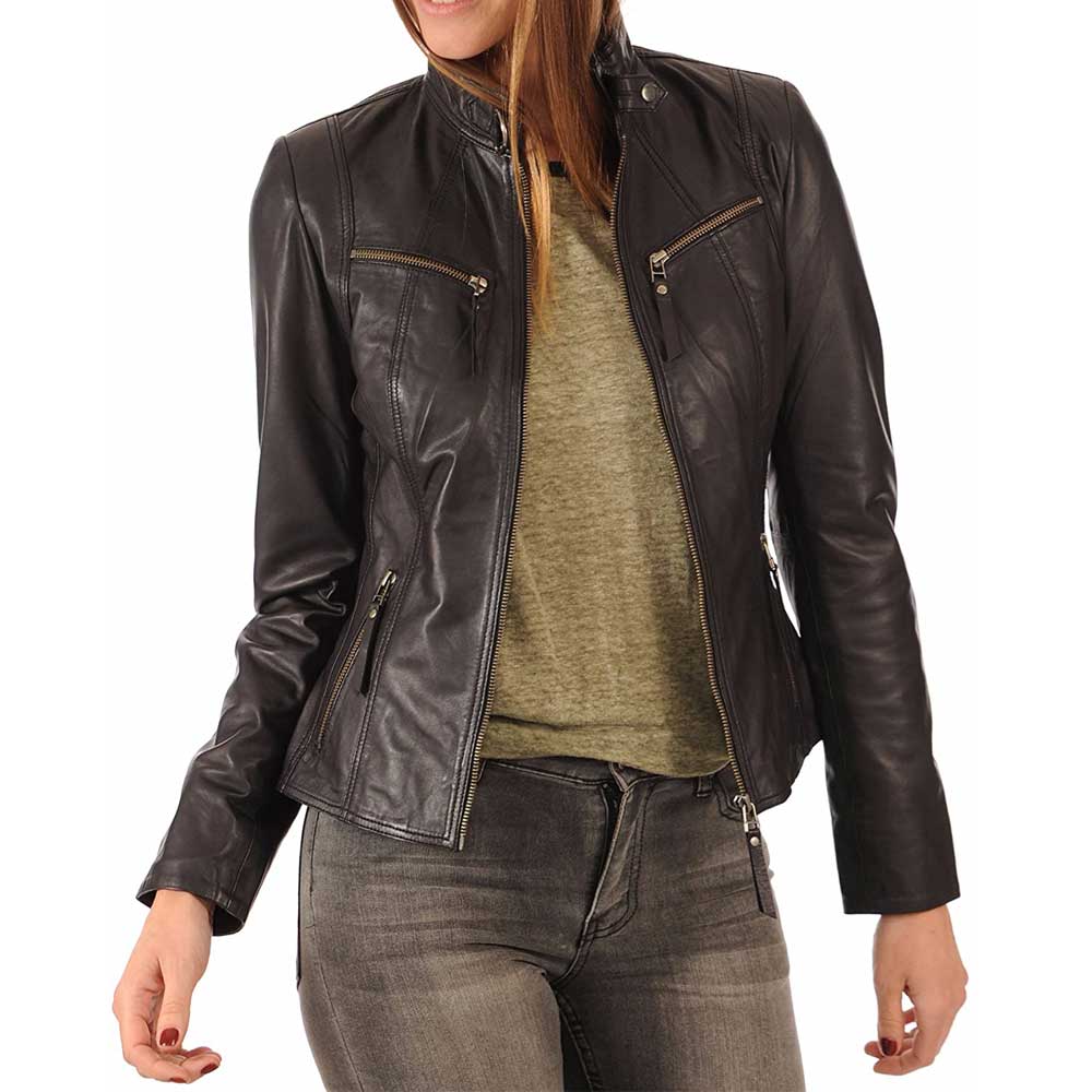 Elegant Woman Wearing Black Leather Motorcycle Jacket - Empowering Style