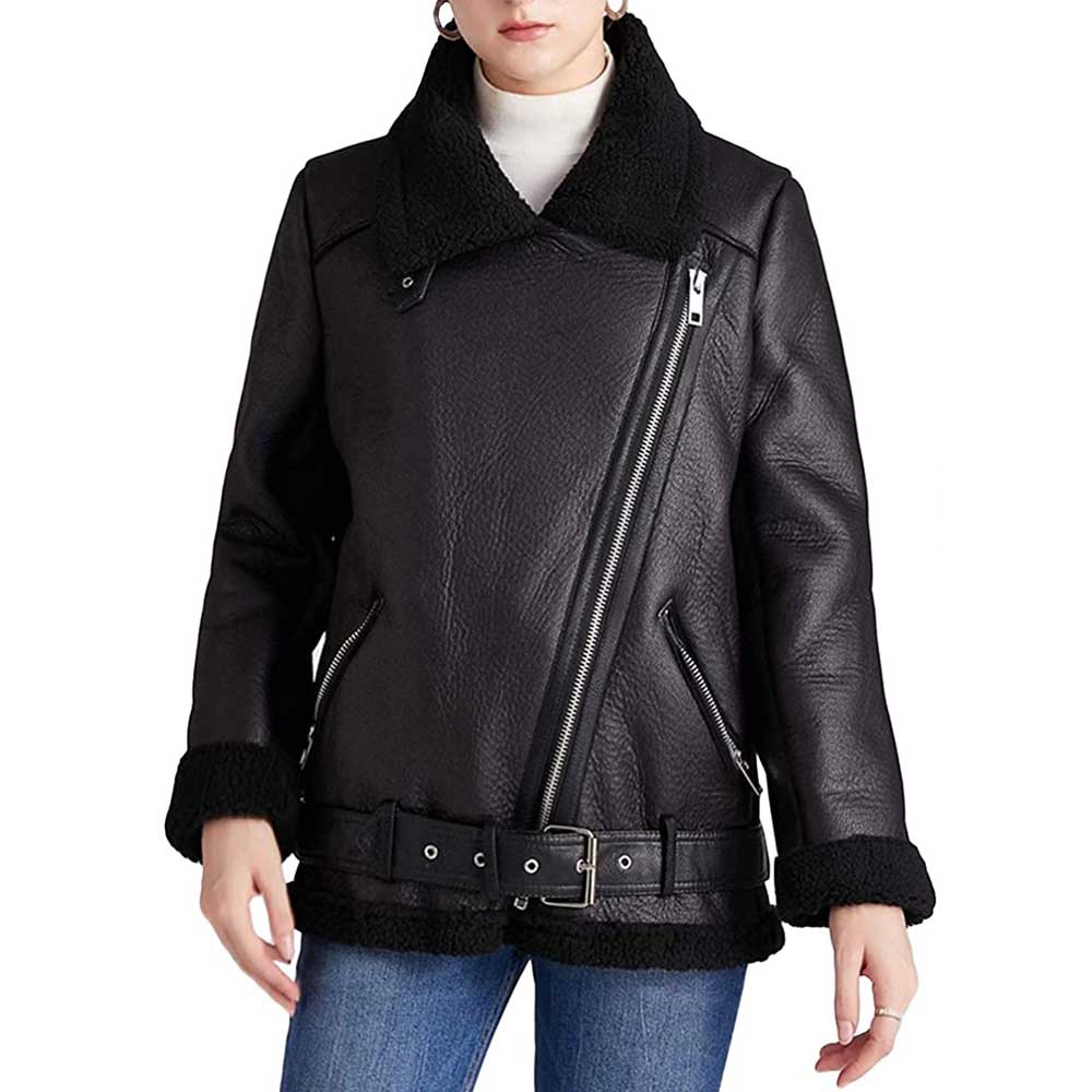 Black Sherling Leather Jacket with Fur Collar for Women - Front View