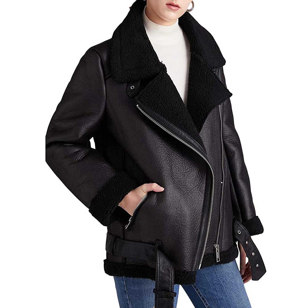 Double Zippered Pockets on Front of Women's Black Shearling Jacket