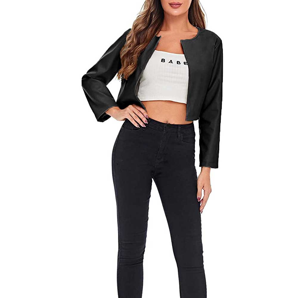 Cropped black leather jacket womens - Front view