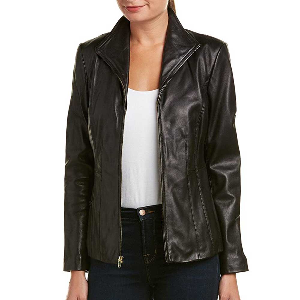 Long Black Leather Jacket for Women - Front View