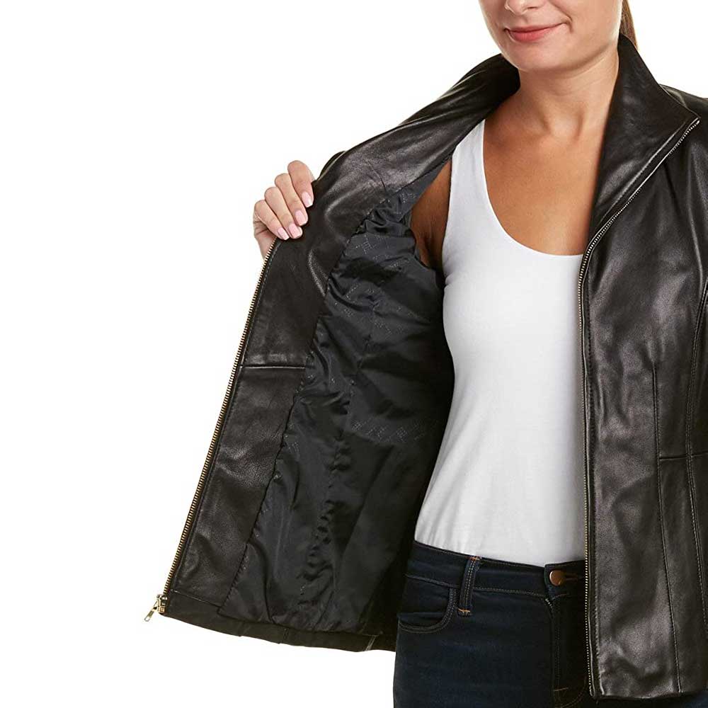 Women's Leather Jacket with Wing Collar - Inside View