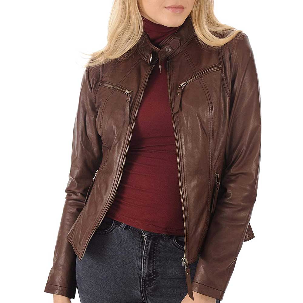 Women Brown Leather Motorcycle Jacket - Front View