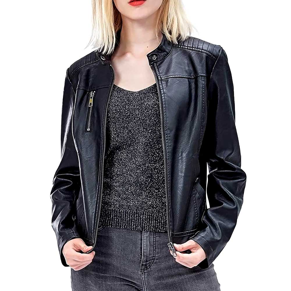 Women's Black Genuine Leather Motorcycle Jacket Front View