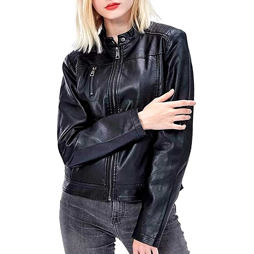 Fashionable Woman Wearing Black Leather Jacket with Confidence