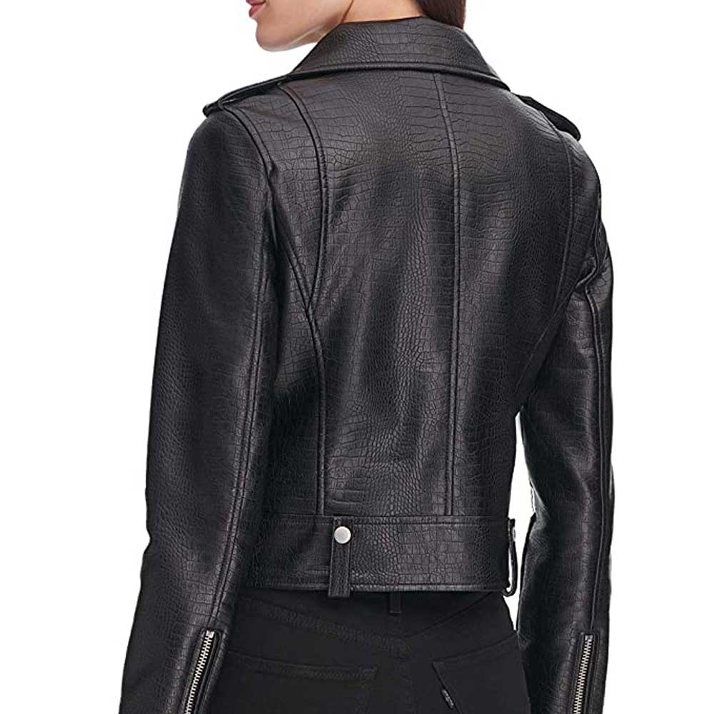 Women's Black Leather Motorcycle Jacket Side View