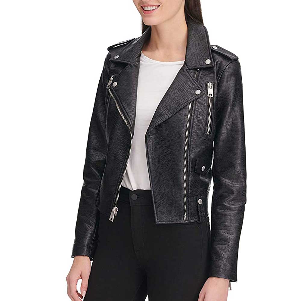 Women's Black Leather Motorcycle Jacket Multiple Zip Pockets