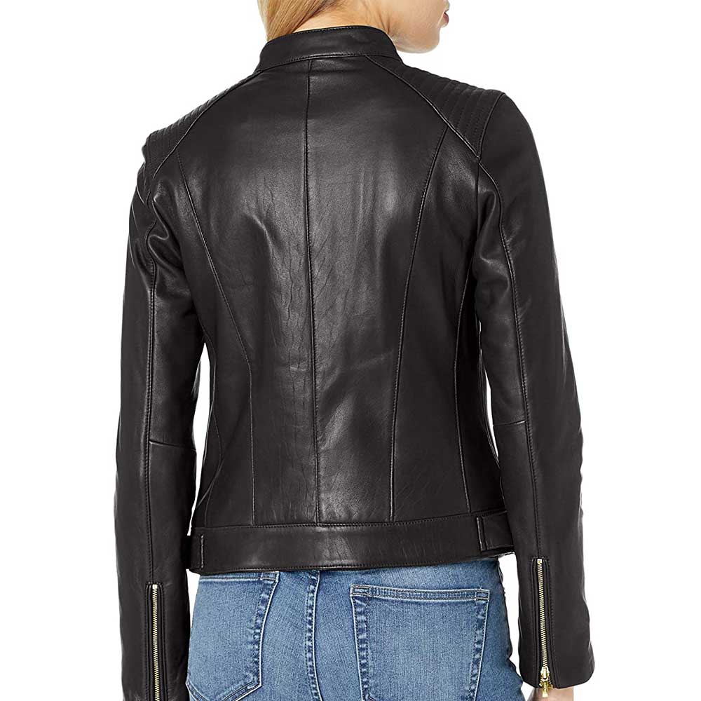 Back view of the short black leather jacket for women, highlighting its stylish short body length and racer-inspired details