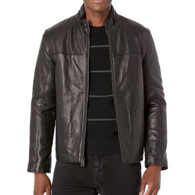 Black Men's Stand Collar Leather Jacket