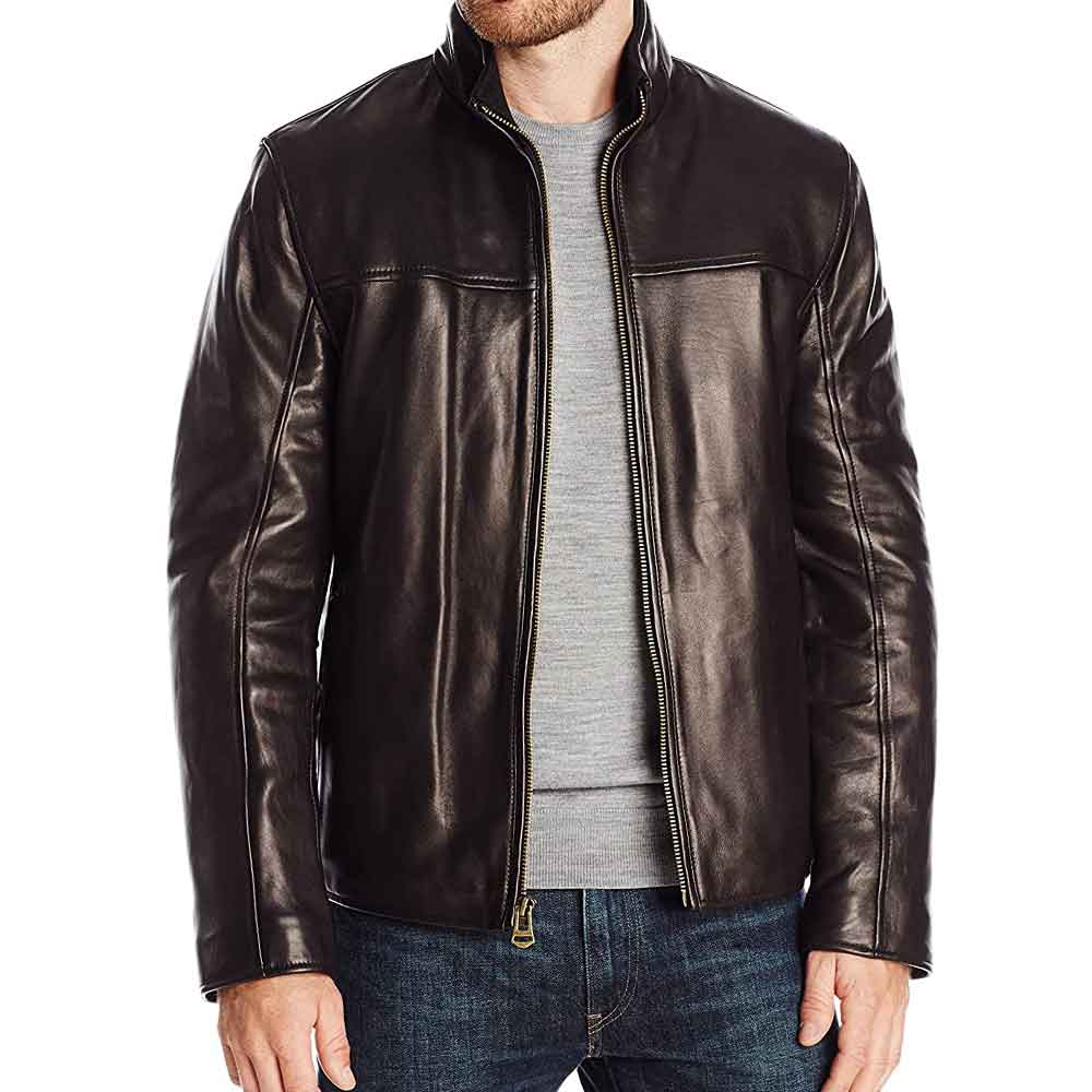 Black Men's Stand Collar Leather Jacket - Motorcycle Leather Jacket