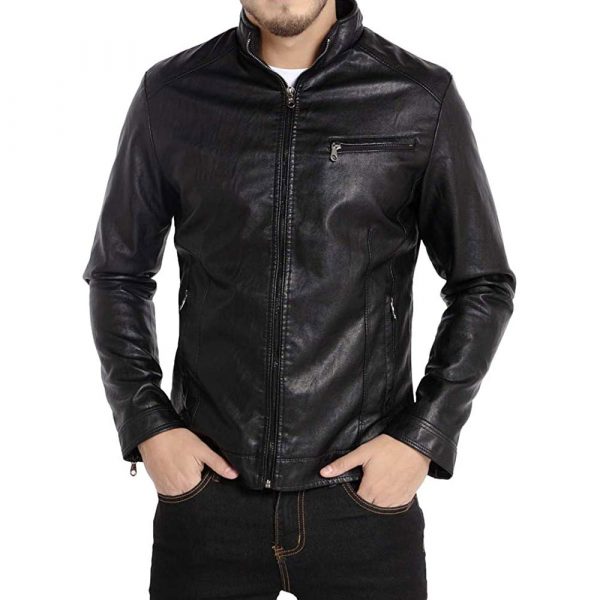 Black Stand Collar Leather Jacket Mens