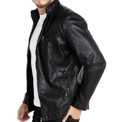 Black Stand Collar Leather Jacket Mens
