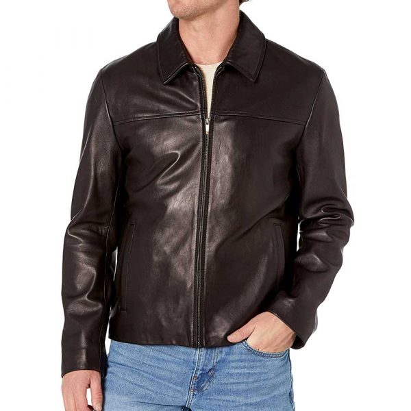 Genuine Black Leather Jacket With Collar Mens