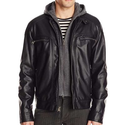 Mens Hooded Leather Motorcycle Jacket