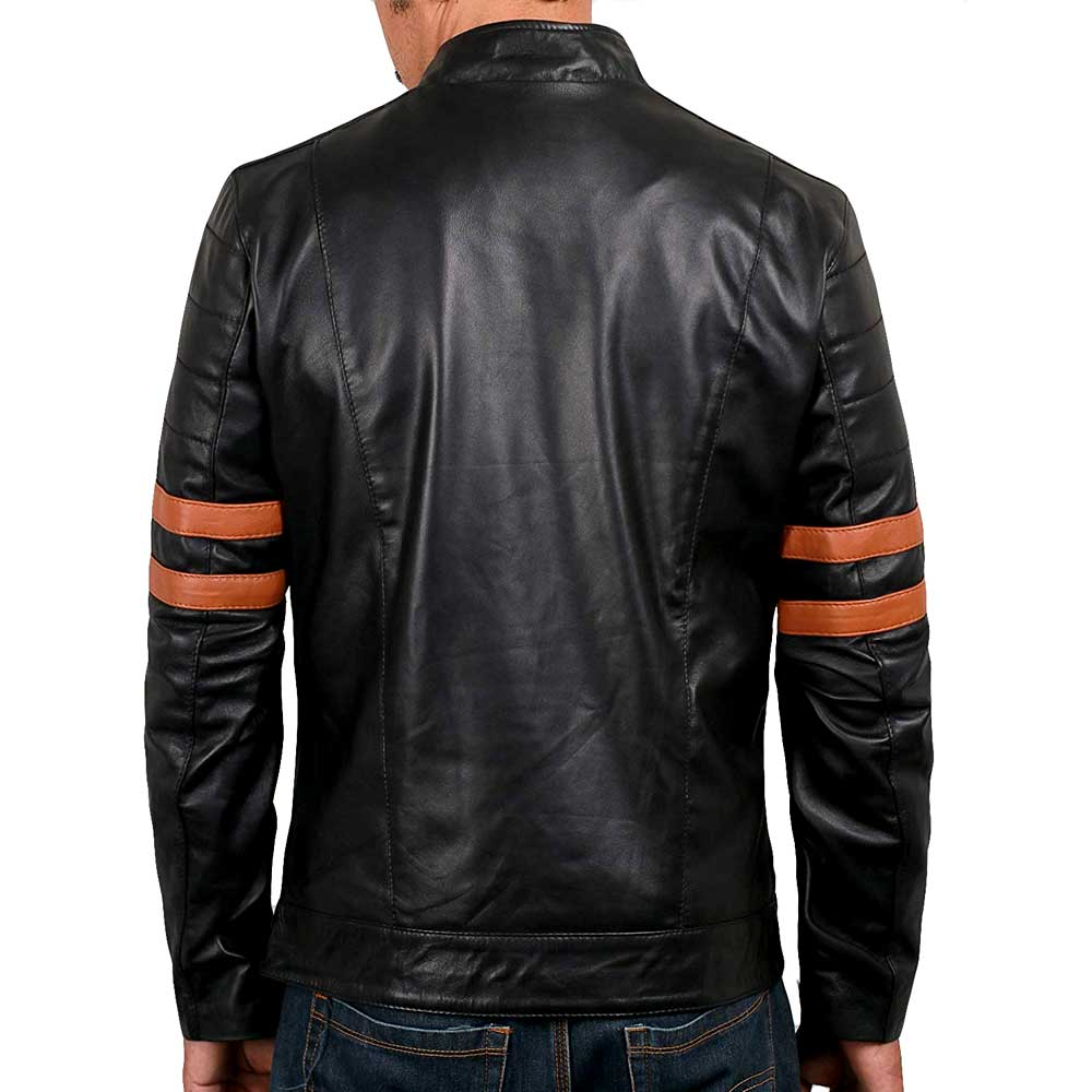 Backside of black leather jacket, stripes on sleeves.