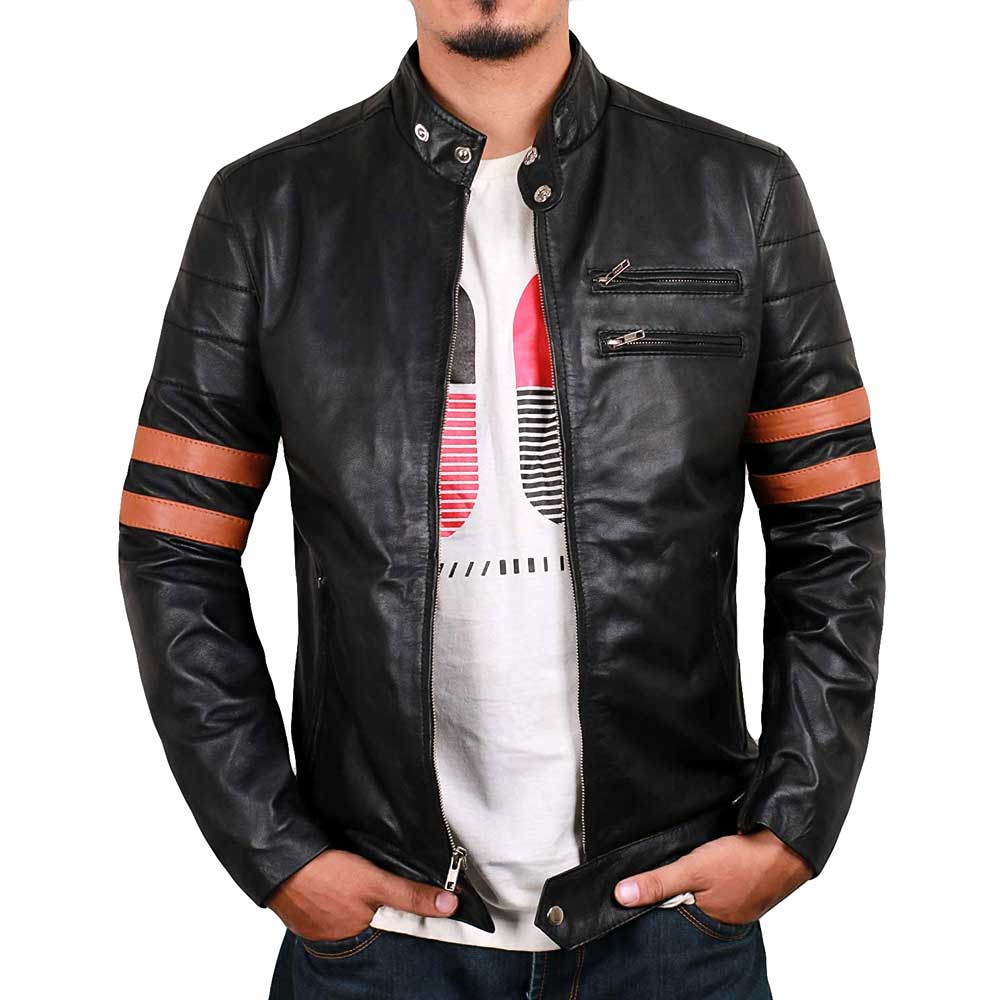 Front side of black biker leather jackets with stripes on sleeves.