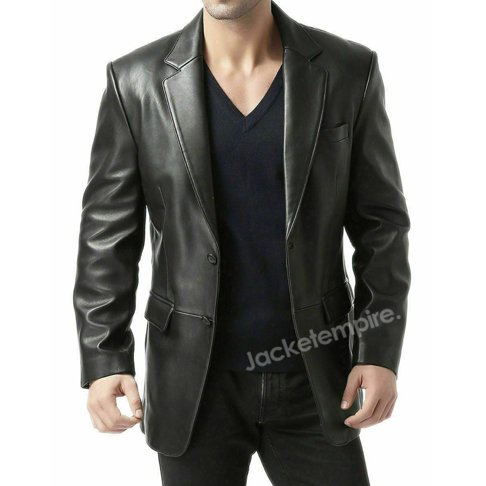 Men's Stylish Black Leather Blazer Jacket - Versatile Fashion Statement