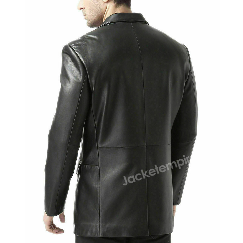 Classic Men's Black Leather Blazer Jacket - Timeless Elegance