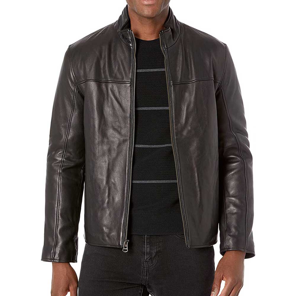 Men's black leather jacket with collar - Front view
