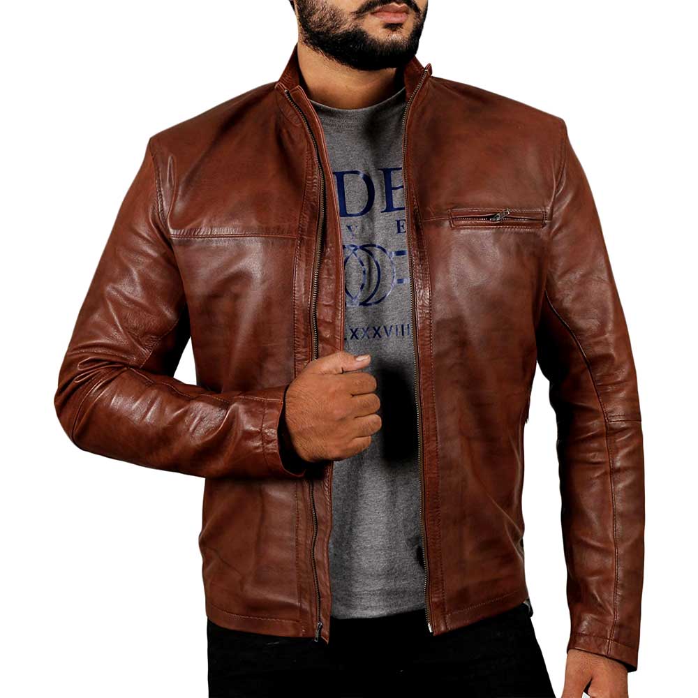 Front view of men's classic brown leather motorcycle jacket