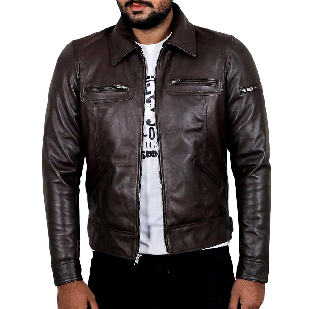 Stylish Shirt Collar Leather Jacket in Brown