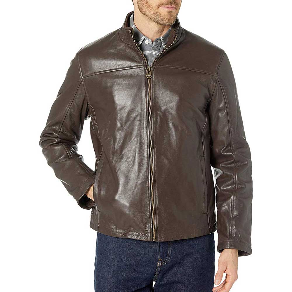 Brown men's stand collar leather jacket