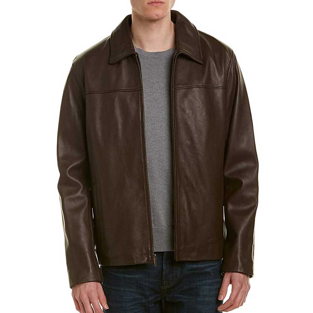 Genuine brown leather jacket with collar mens