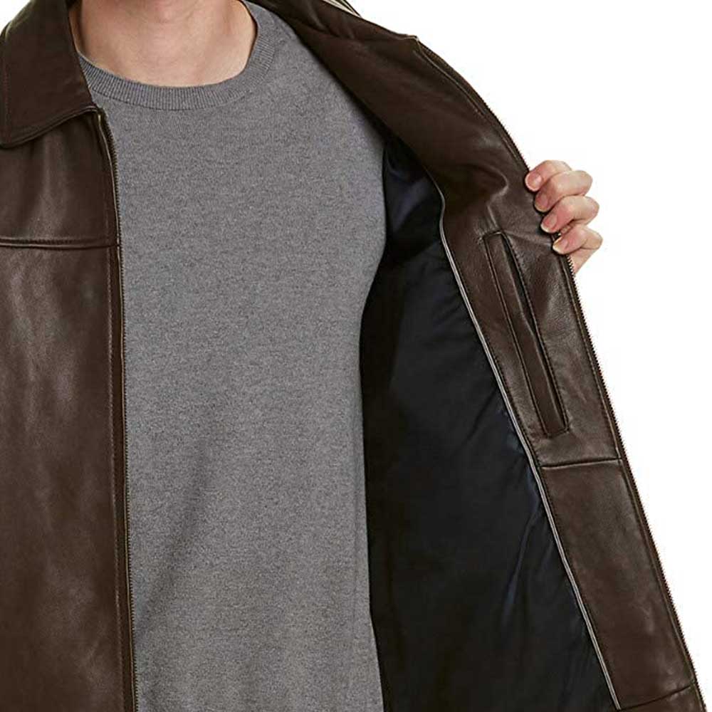 Genuine brown leather jacket with collar mens