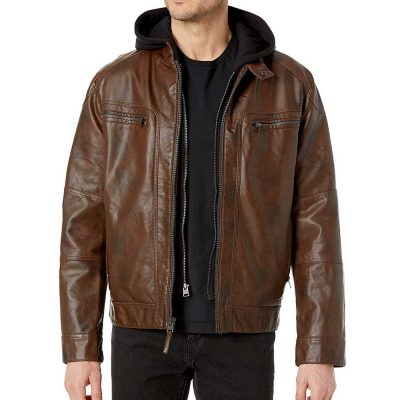 Mens hooded leather motorcycle jacket