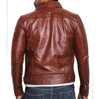 Wax brown leather moto jacket men's