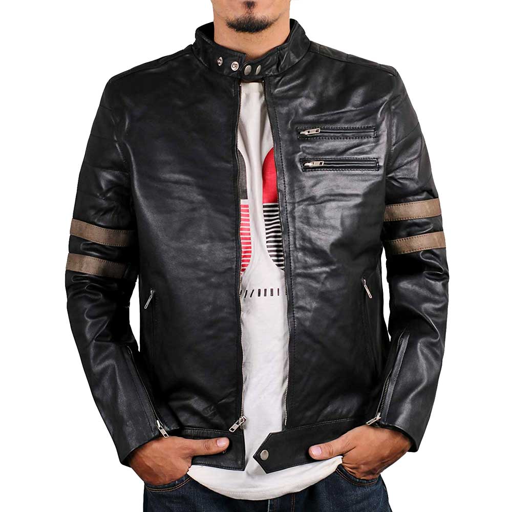 Black biker leather jacket with stripes on sleeves