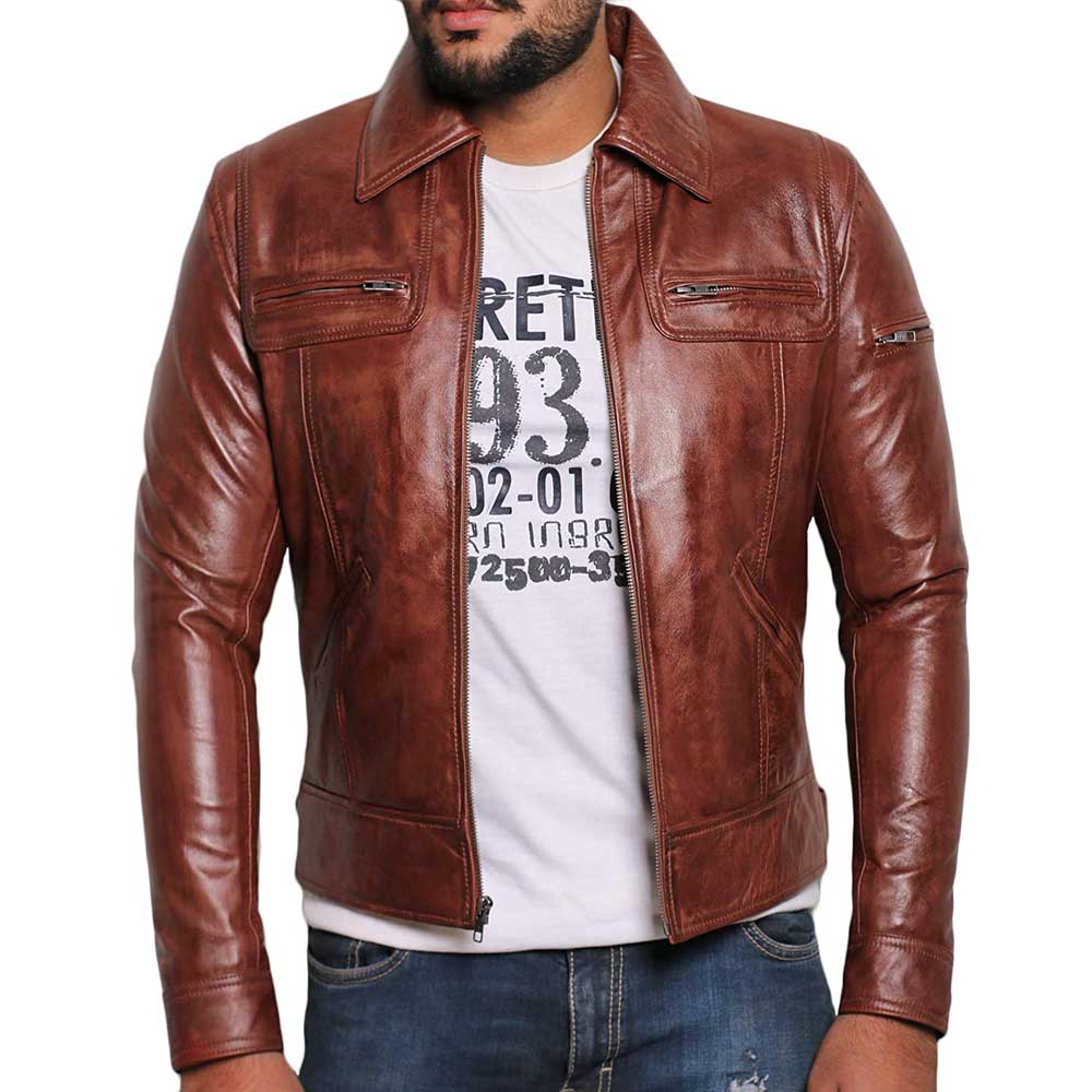 Distressed Leather Jacket with Zipper Details