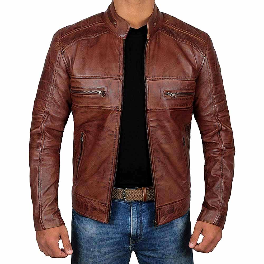 distressed brown leather motorcycle jacket with quilted soulder