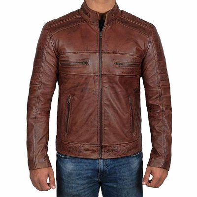 Slim fit, distressed, motorcycle leather jacket