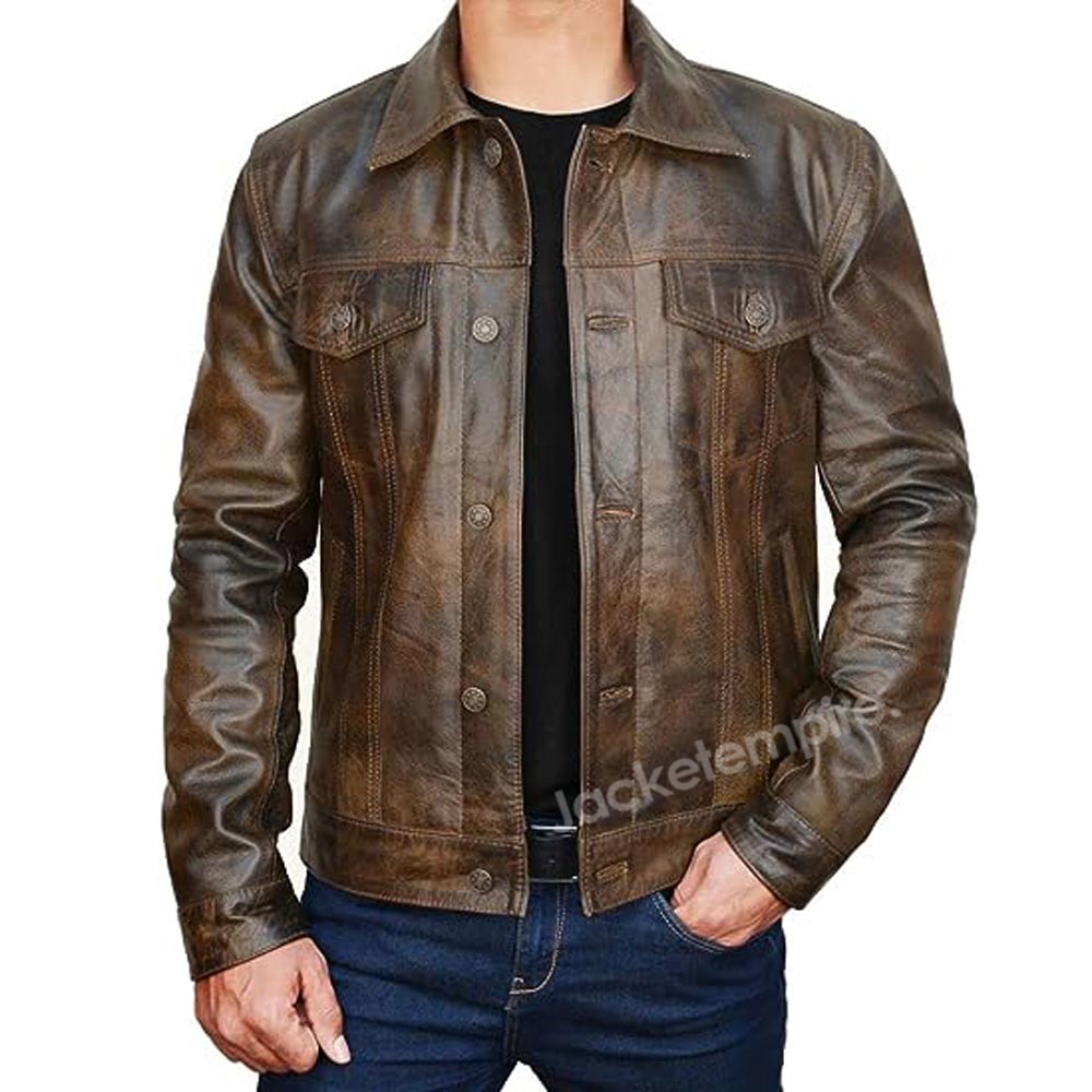 Distressed Brown Leather Motorcycle Jacket - Front View