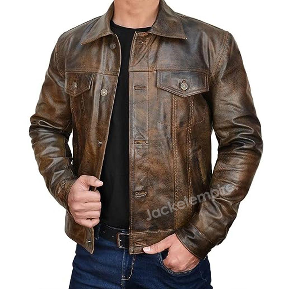 Vintage Style Brown Biker Jacket with Distressed Finish