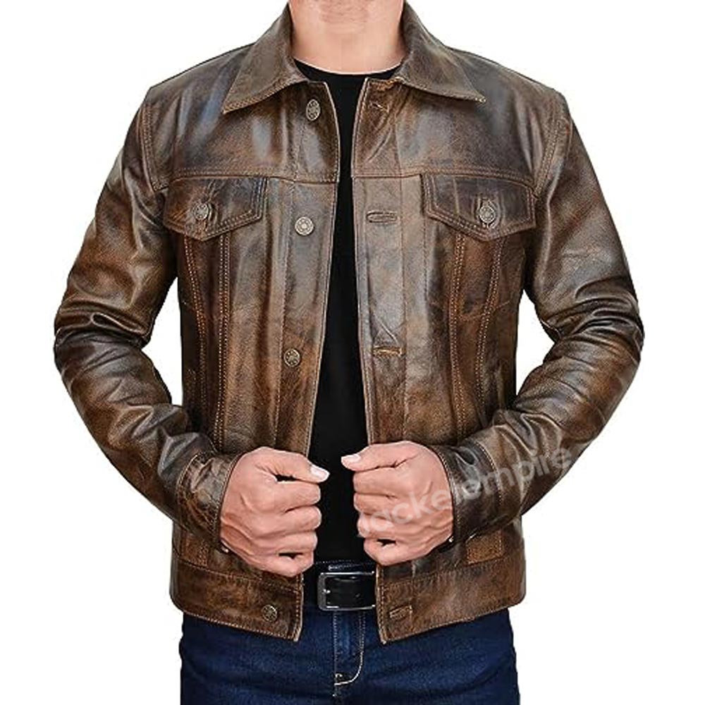 Men's Distressed Brown Leather Motorcycle Jacket - Side Angle