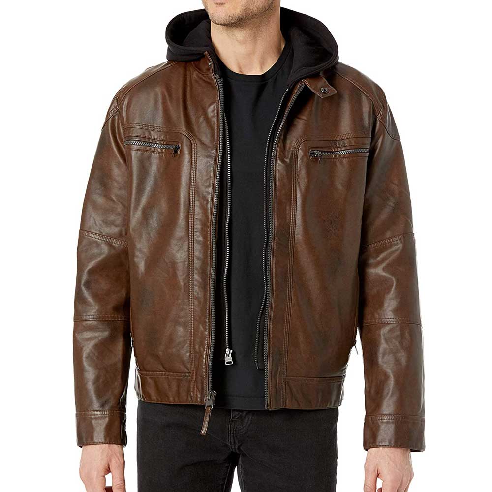 Front side of our men’s hooded leather motorcycle jacket